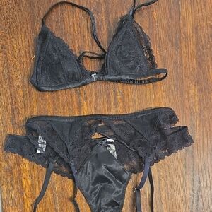 Fleur du Mal Black Lace Triangle Bralette with Satin Garter Panty Set